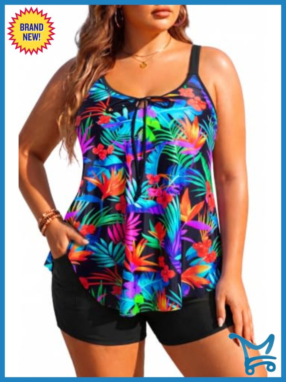 Plus Size Tankini Swimsuit High Waist Boyshorts Pockets